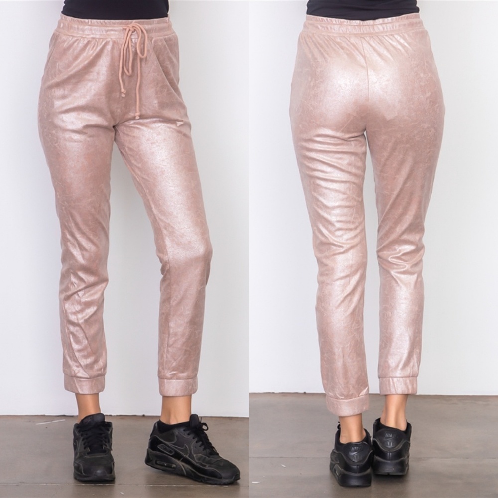 METALLIC BLUSH PINK SUEDE DRAWSTRING JOGGERS - Picture 3 of 8